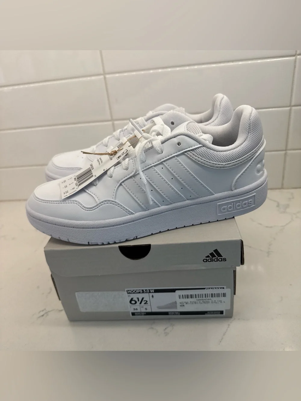 Adidas Hoops 3.0 Women’s All-White Basketball Sneakers Leather Lace Up